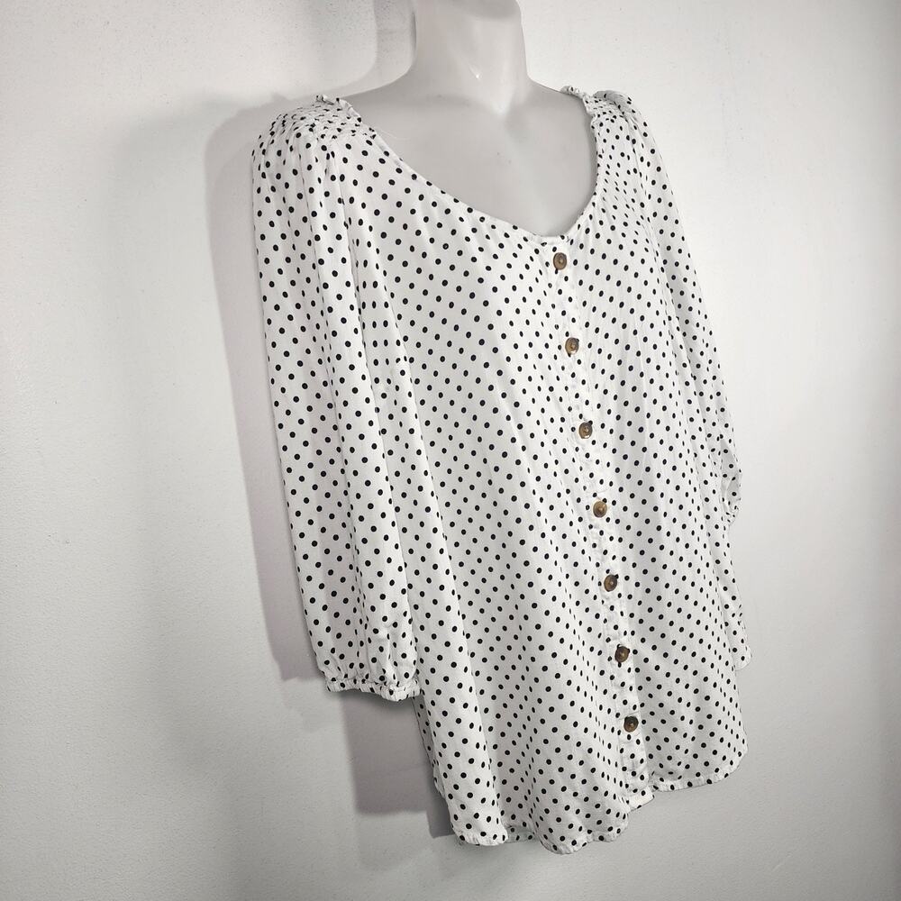 Torrid Womens Top White Black Polka Dot Button Front Puff Sleeve Scoop Neck 1X - Picture 6 of 10